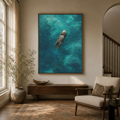 Impressionistic sea otter teal water wall art in dark walnut float frame in modern entryway