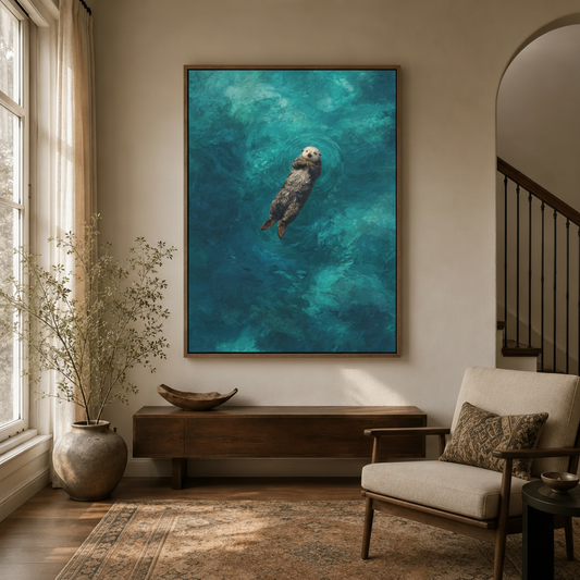 Impressionistic sea otter teal water wall art in dark walnut float frame in modern entryway