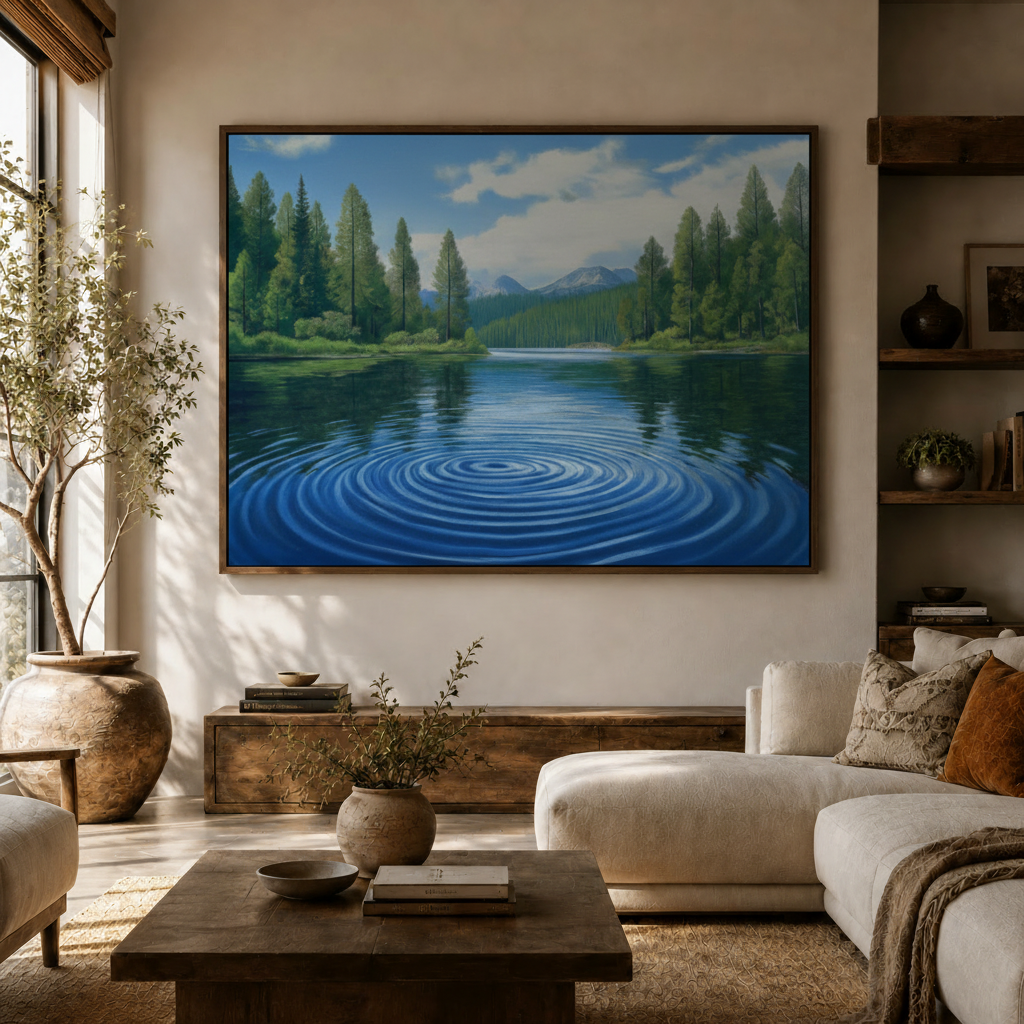 Nature landscape canvas wall art hanging above white sofa in bright contemporary living room