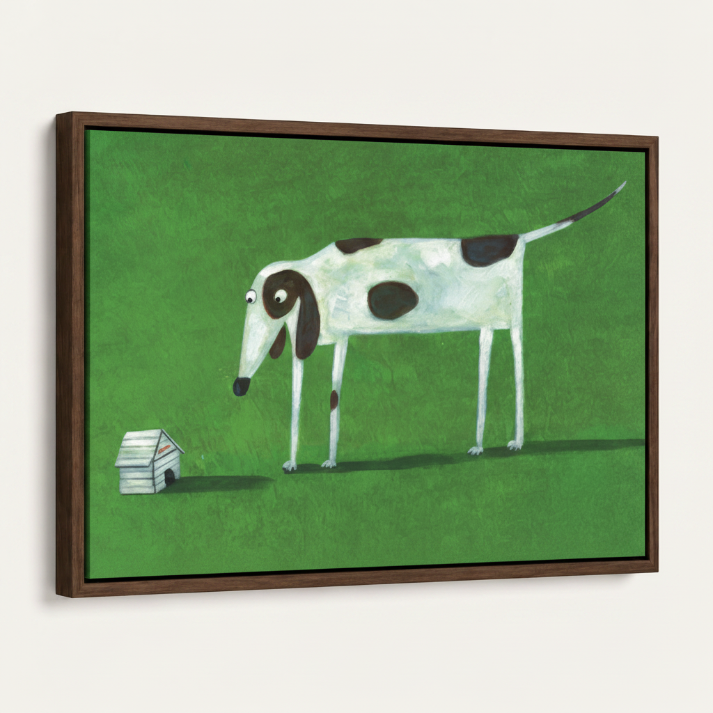 Whimsical spotted dog doghouse canvas print dark walnut float frame angled 3/4 product mockup view