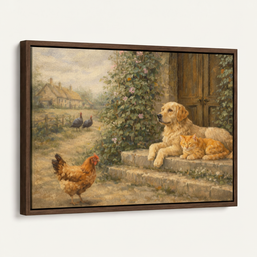 Vintage pastoral dog cat canvas in wide dark walnut float frame 3/4 angle product mockup on white background