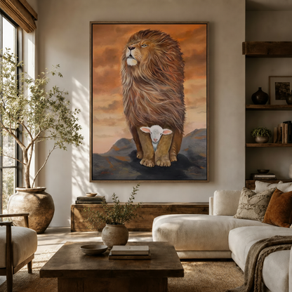 Large framed lion and lamb painting hanging in a boho living room with white sofa and olive tree