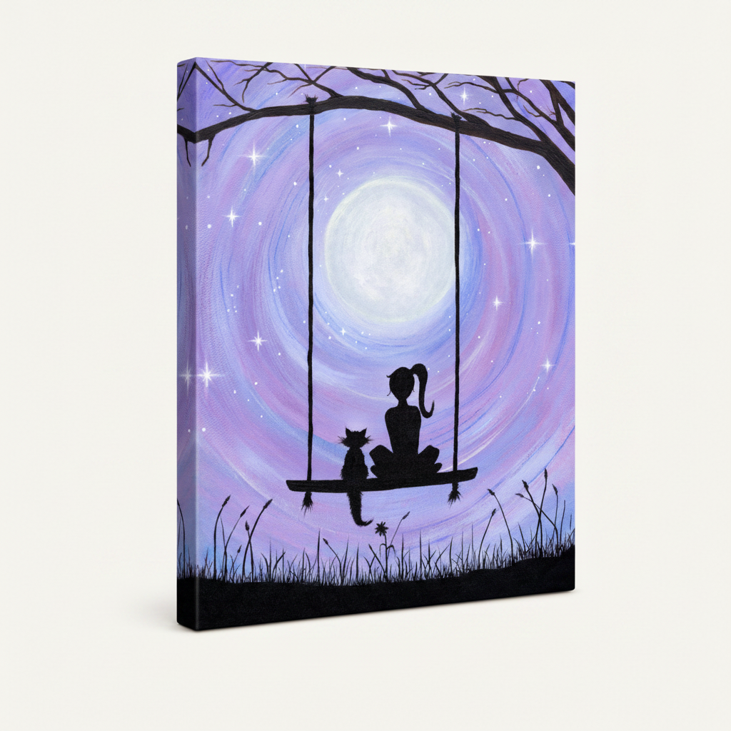 Gallery wrapped canvas print girl cat swing full moon purple starry night angled product view