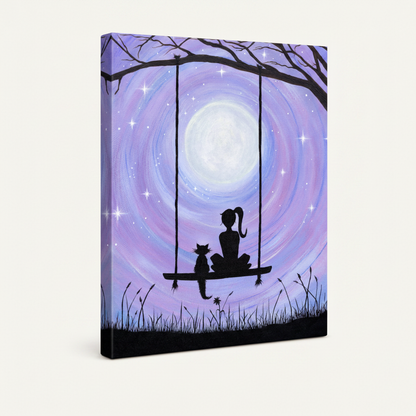 Gallery wrapped canvas print girl cat swing full moon purple starry night angled product view