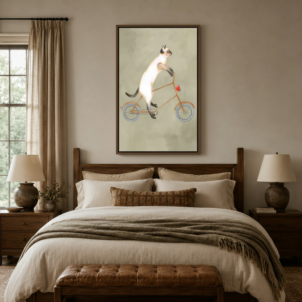 Illustrated Siamese cat bicycle wall art in dark float frame centered above bed in a cozy bedroom