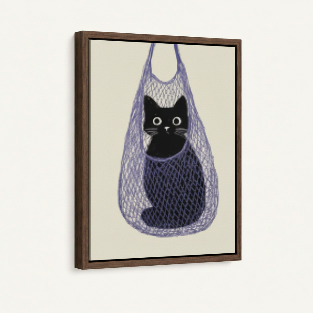 Framed black cat minimalist illustration canvas in dark walnut float frame, 3/4 angle view