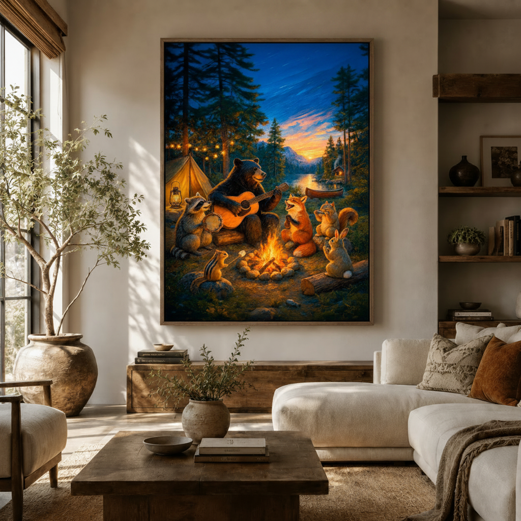 Bear guitar campfire woodland art in dark walnut float frame displayed in bright living room