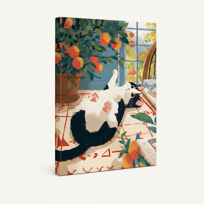 Canvas side view — gallery-wrapped canvas showing thick edges with playful tuxedo cat illustration on cream background