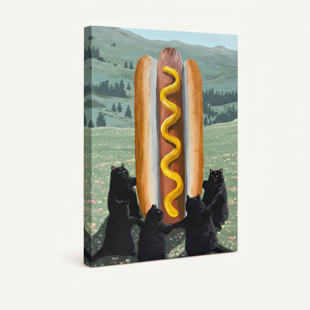 Gallery wrapped canvas print four black cats giant hot dog surreal humor angled product view