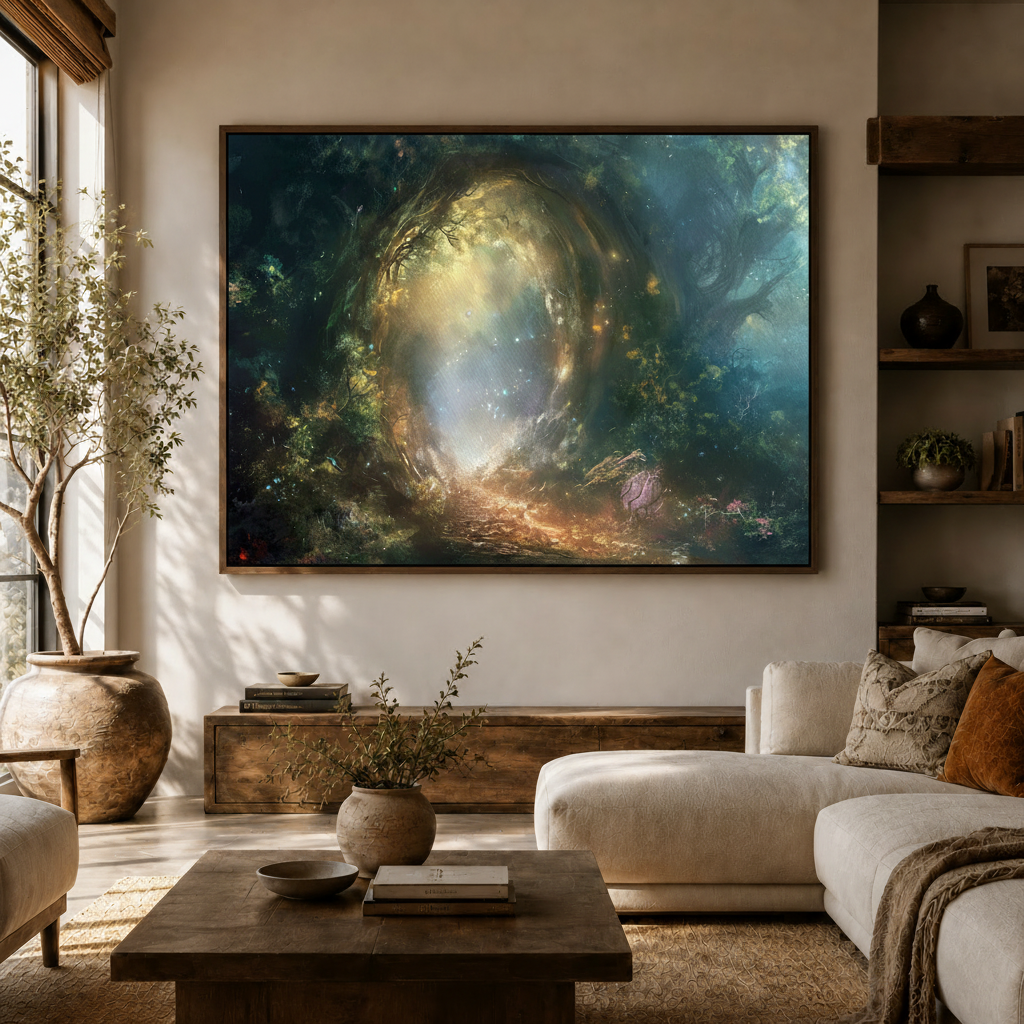 Fantasy glowing archway framed canvas hanging in cozy living room with white sofa and olive tree