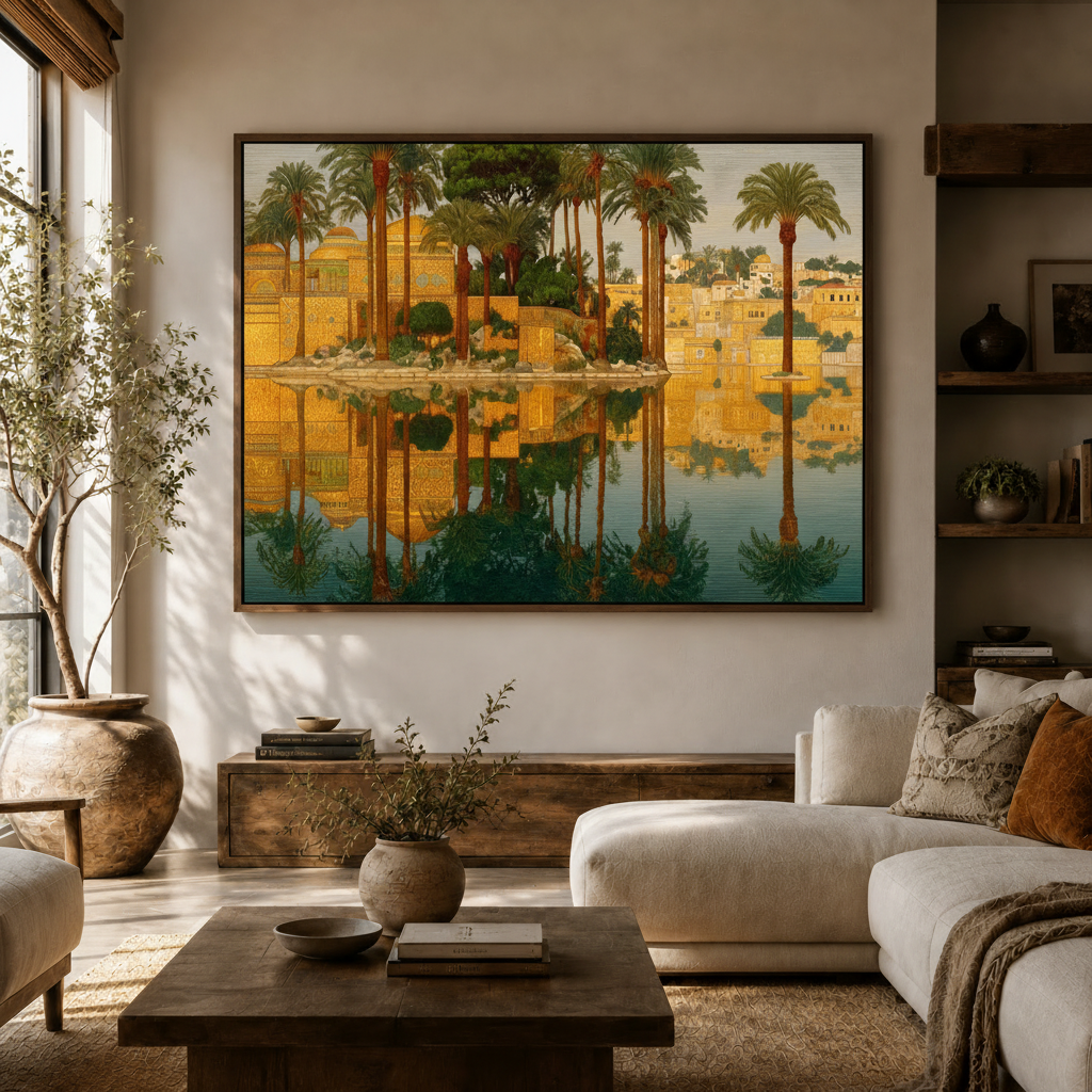 Arabic landscape framed canvas print hanging above sofa in warm neutral living room
