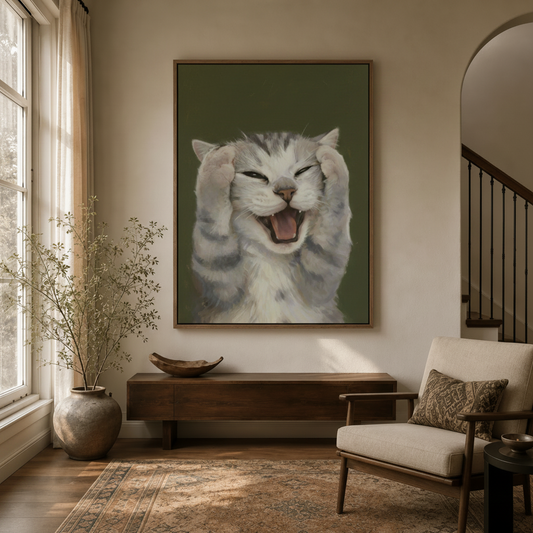 Funny cat canvas wall art in framed style, hung in a warm modern entryway above a dark wood console