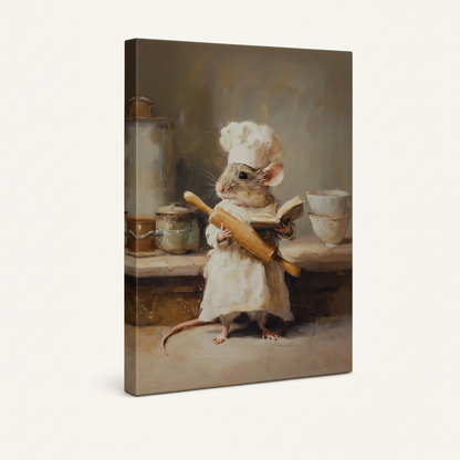 Gallery wrapped canvas print brown mouse chef hat rolling pin cookbook angled product view