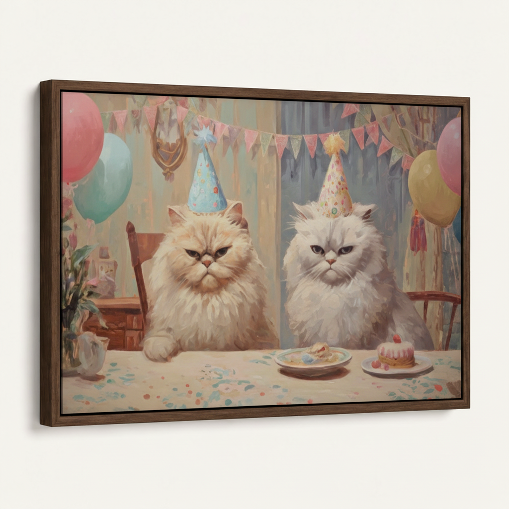 Framed grumpy Persian cats birthday canvas print in dark walnut float frame angled product view