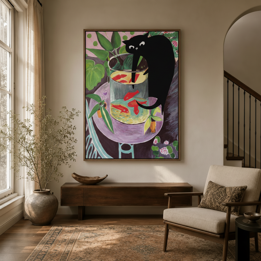Colorful black cat and goldfish framed wall art displayed in modern entryway with arched doorway