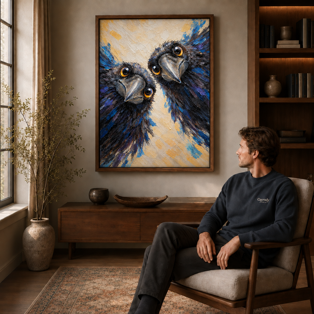 Raven canvas wall art with two black birds above a wooden sideboard beside a seated man.