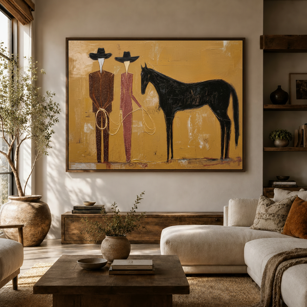 Abstract figurative western canvas art hanging above white curved sofa in bright modern living room