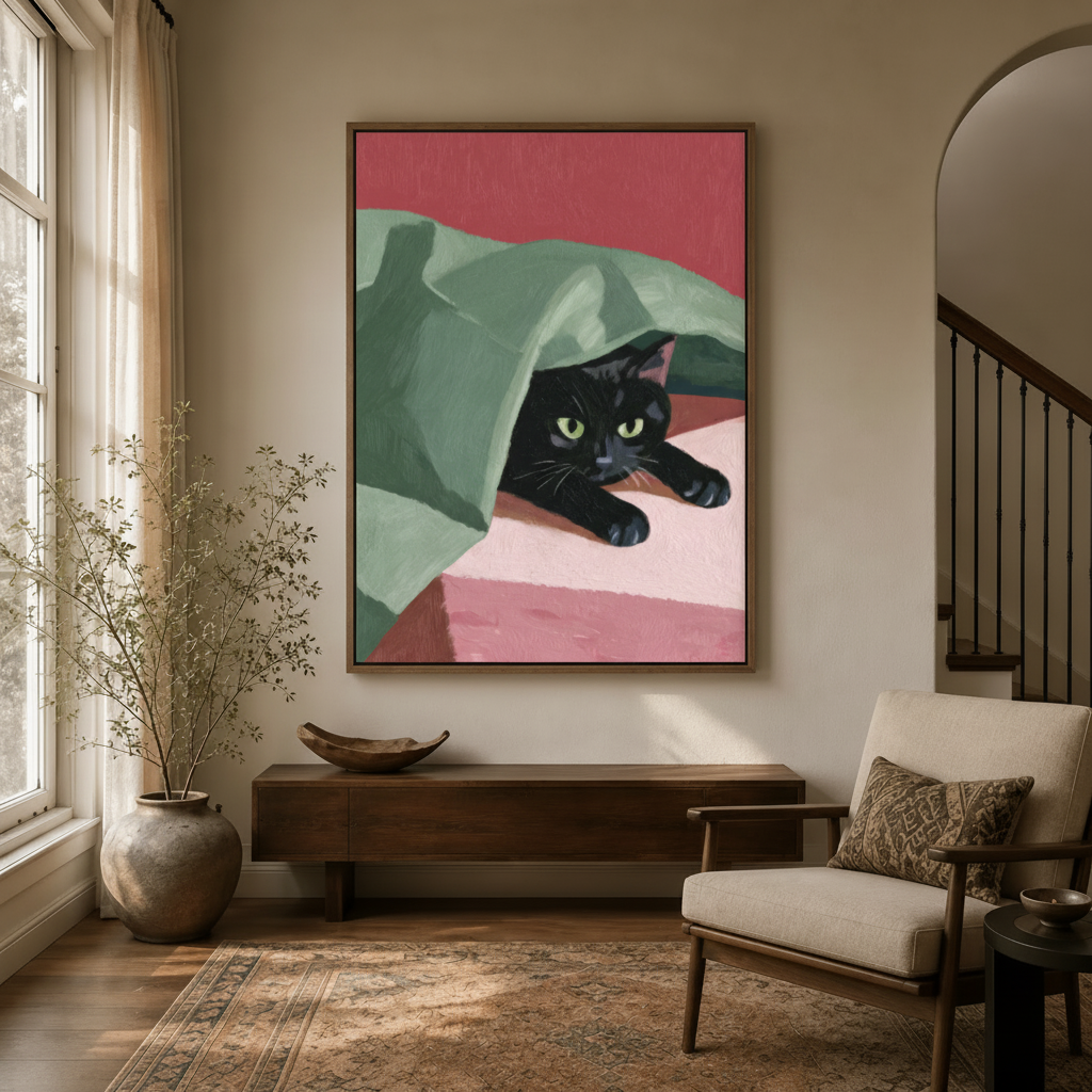 Contemporary cat wall art in float frame hanging in warm-toned entryway with wooden console