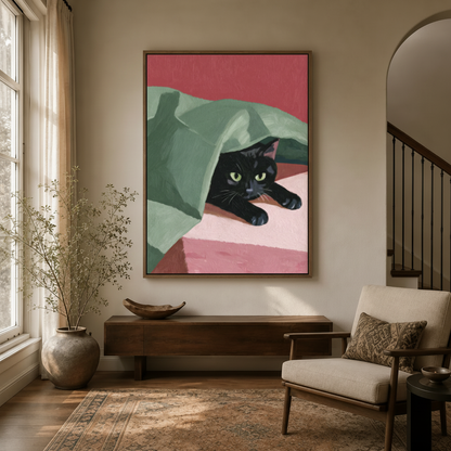 Contemporary cat wall art in float frame hanging in warm-toned entryway with wooden console
