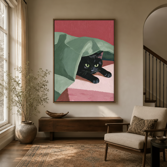 Contemporary cat wall art in float frame hanging in warm-toned entryway with wooden console