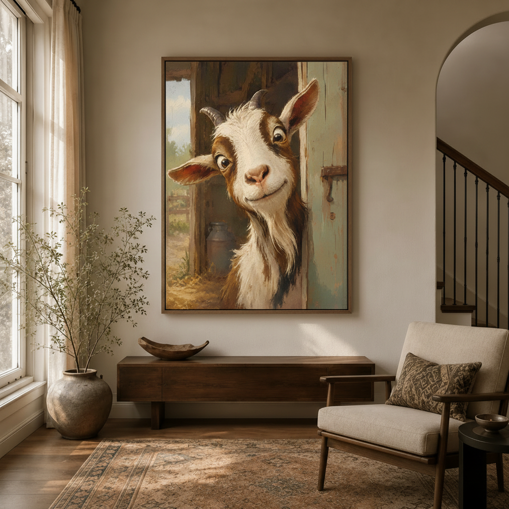 Whimsical farmhouse goat wall art in float frame hanging in transitional entryway with arched doorway