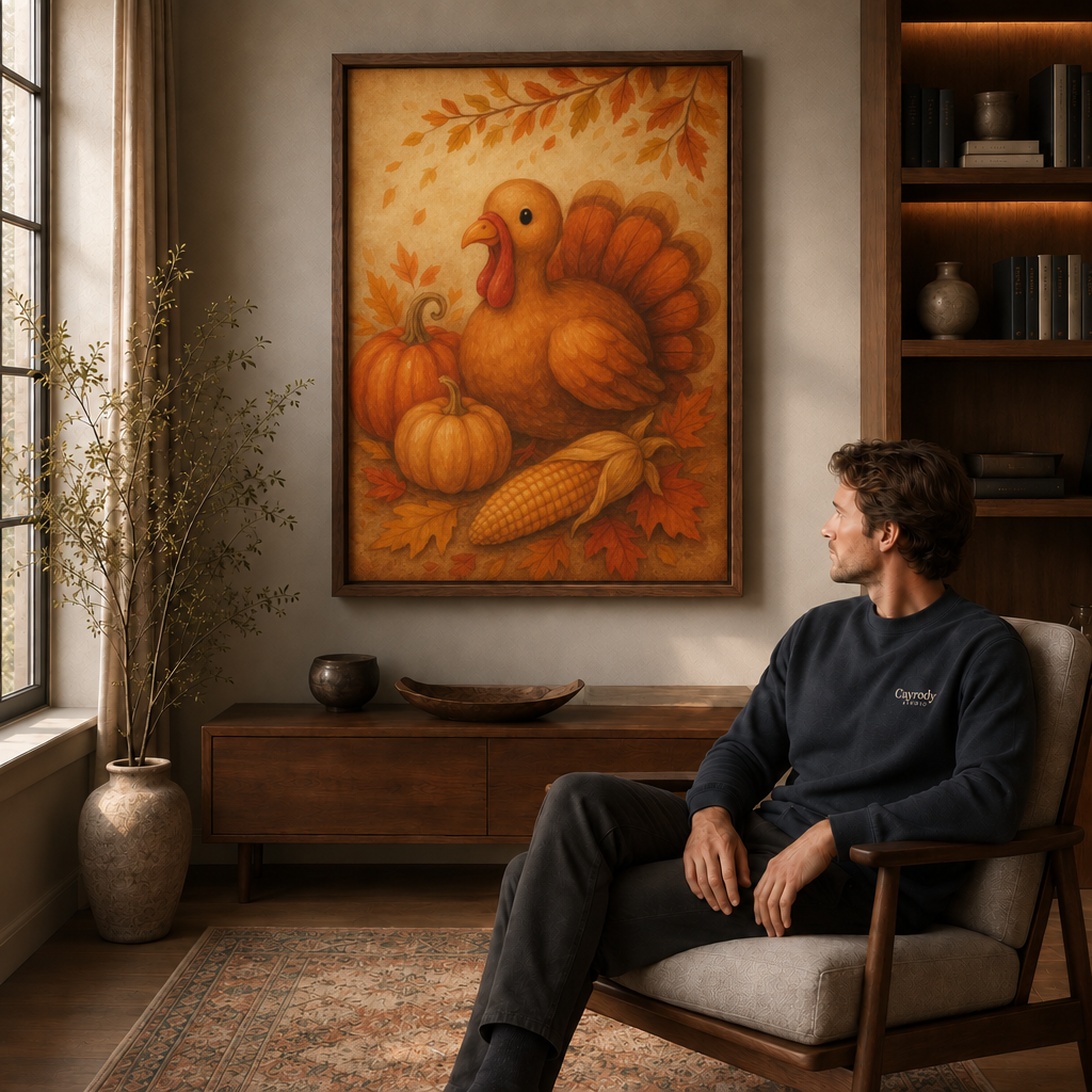 Cozy harvest painting of a turkey with pumpkins and corn hanging in a warm living room beside a man