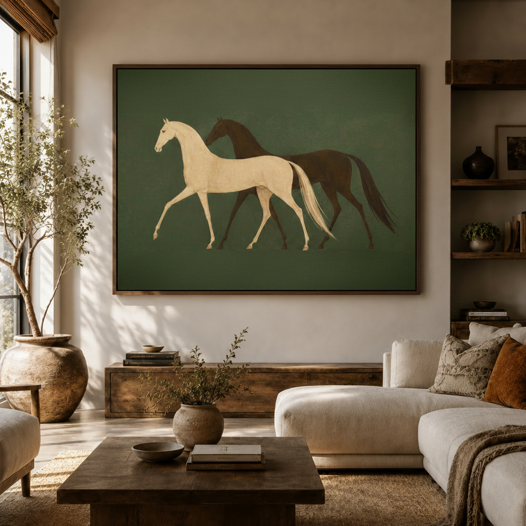 Elegant horse wall art in dark walnut float frame hung above sideboard in modern living room