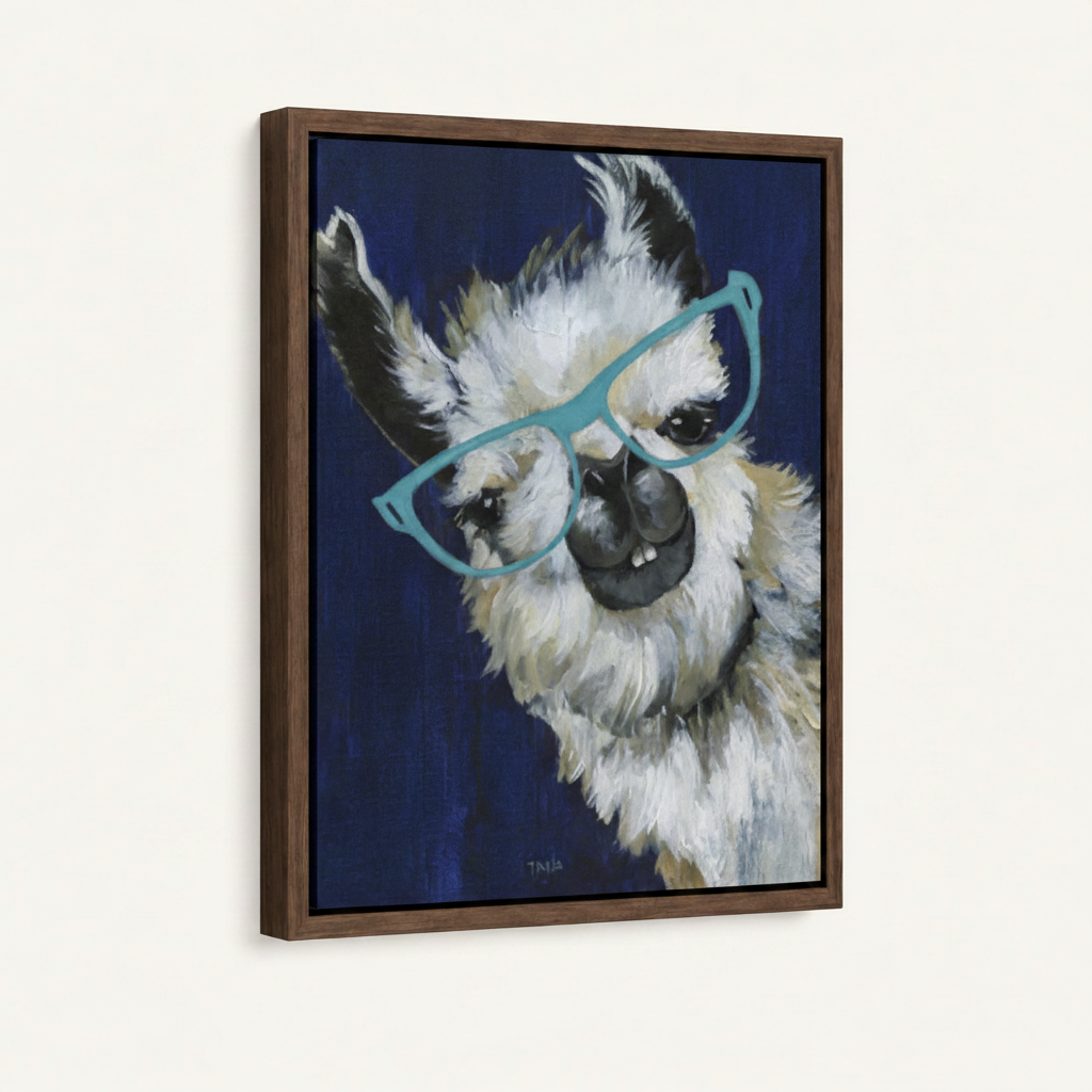 Cheeky white llama teal glasses navy background bold canvas in dark walnut float frame, 3/4 left angle
