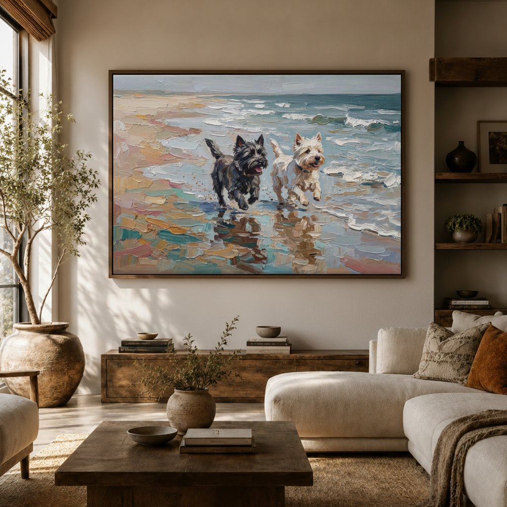 Two dogs running on beach canvas art above sofa in modern neutral living room interior