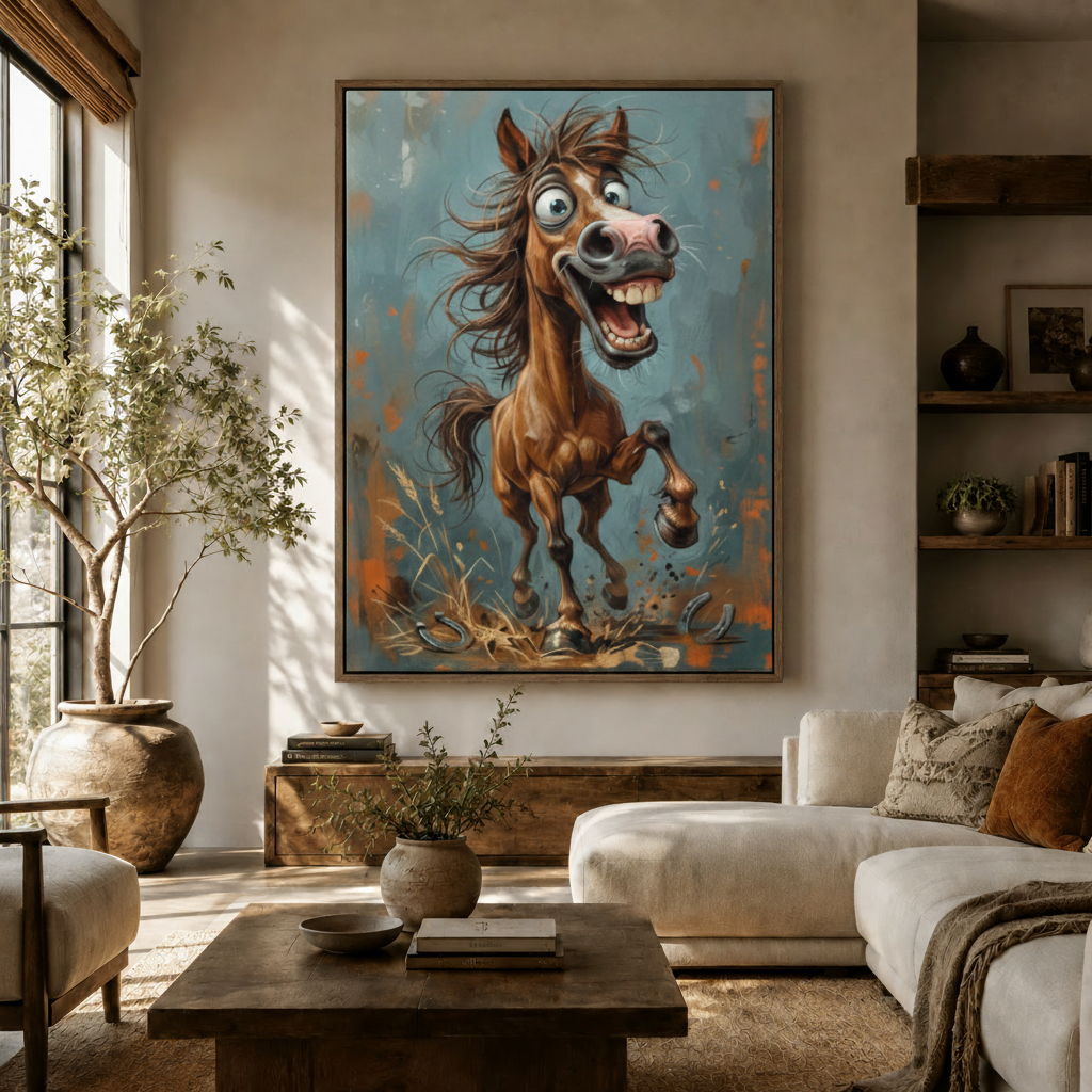Whimsical crazy horse portrait in teal and rust tones hanging in a cozy neutral living room