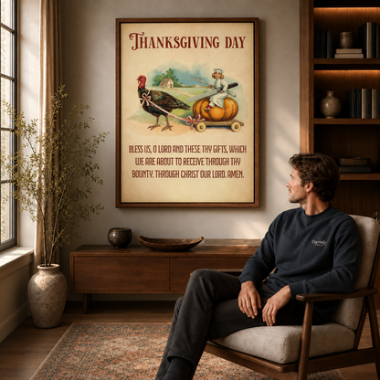 Retro Thanksgiving prayer print with turkey and pumpkin cart hanging in a warm living room beside a man