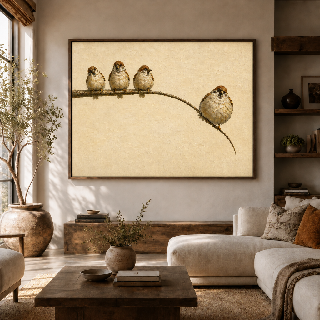 Textured sparrow branch artwork displayed above a modern cream sofa