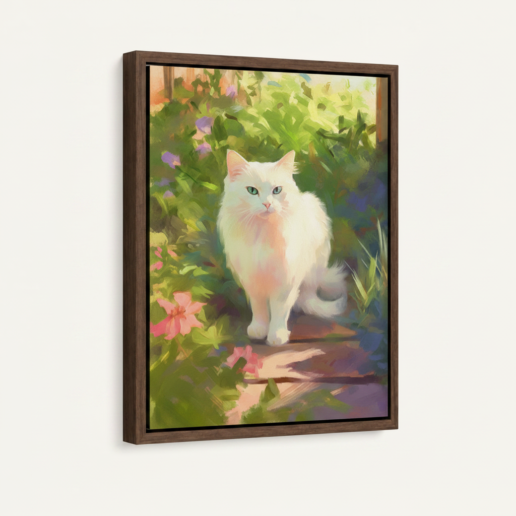Dark wood float frame close-up of white cat garden canvas with impressionist brushstrokes and vibrant botanicals