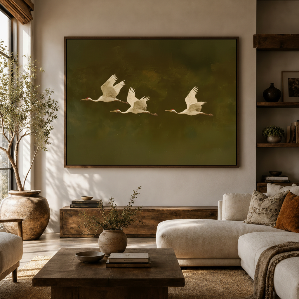 Three white cranes in flight painting framed above console in bright living room with olive tree