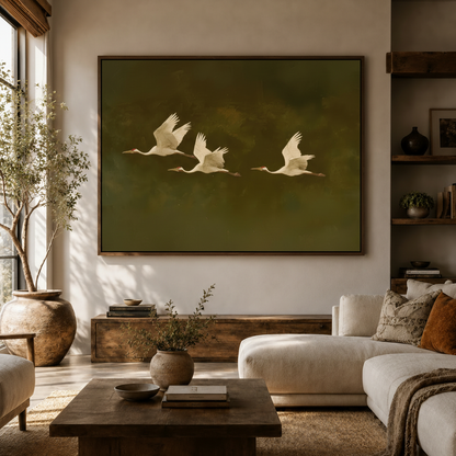Three white cranes in flight painting framed above console in bright living room with olive tree