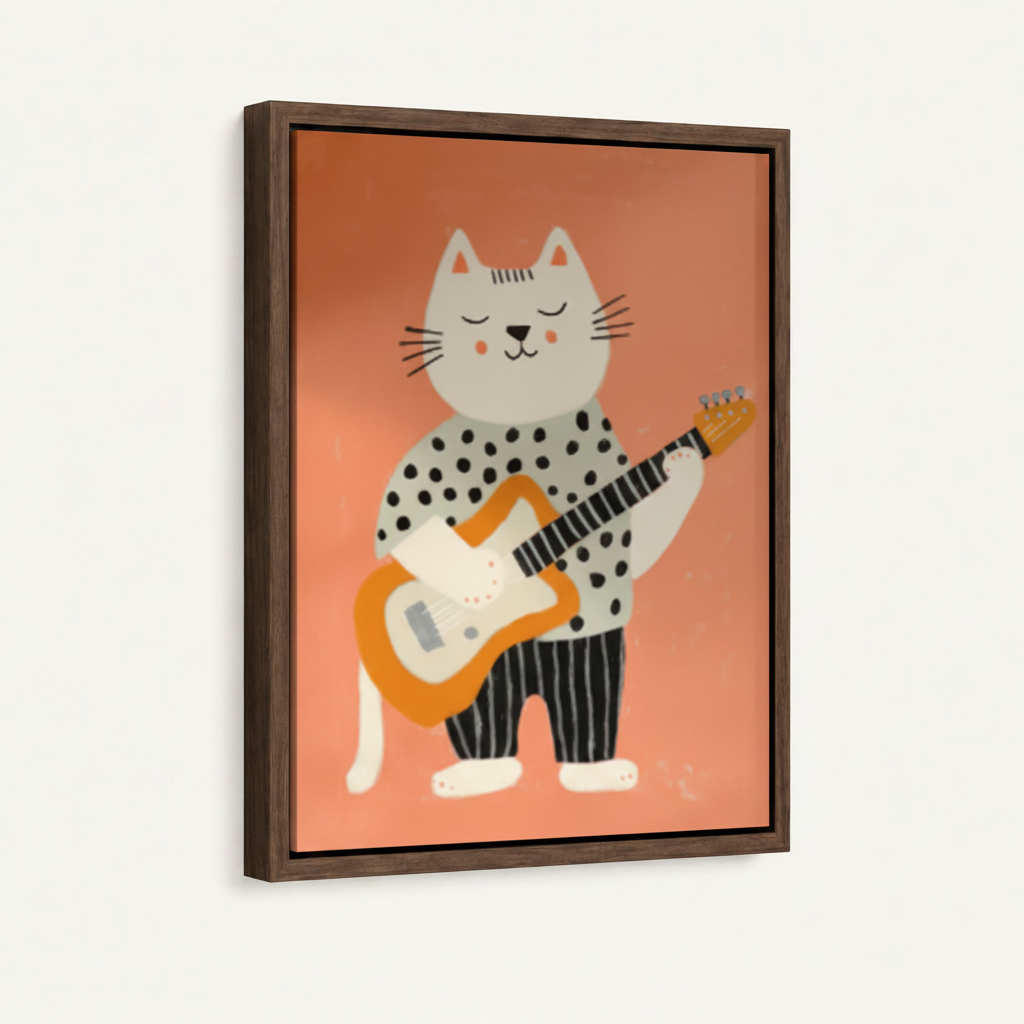 Bold white cat playing guitar illustration canvas in wide dark walnut float frame, 3/4 angle portrait view