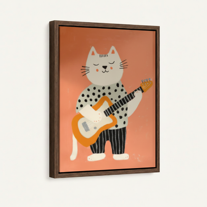 Bold white cat playing guitar illustration canvas in wide dark walnut float frame, 3/4 angle portrait view