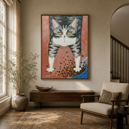 Funny cat wall art framed canvas displayed in modern entryway with arched doorway