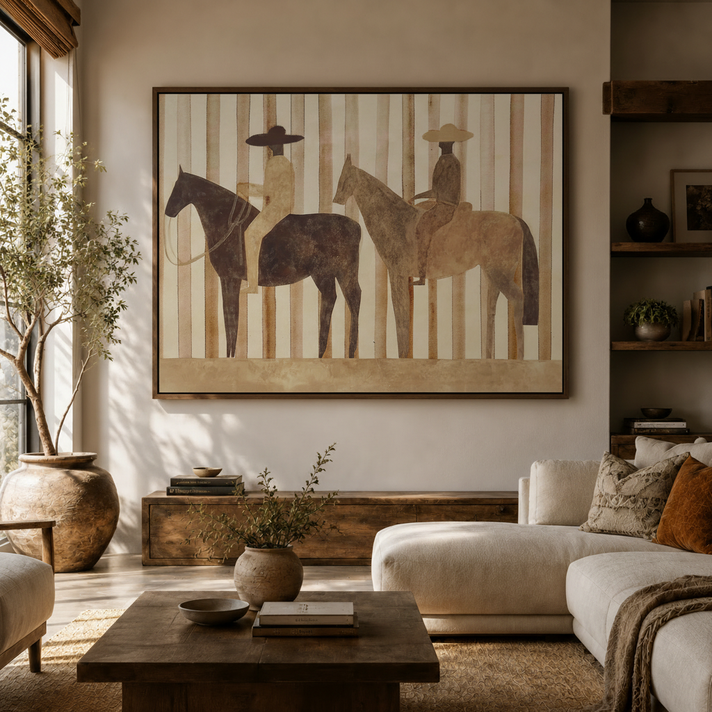 Two cowboys on horseback canvas wall art hanging above white sofa in modern living room