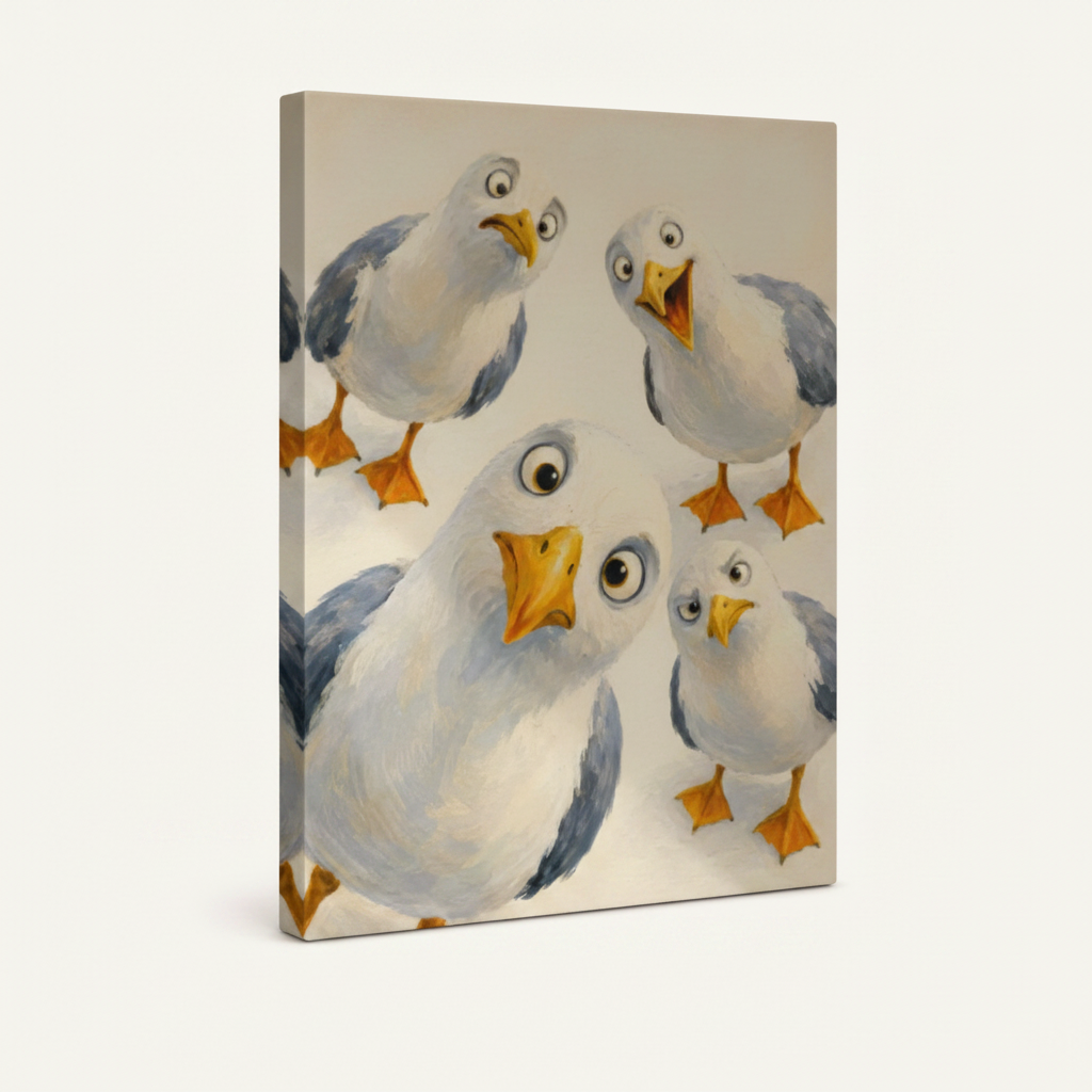 Gallery wrapped canvas side view of whimsical seagull bird art no frame