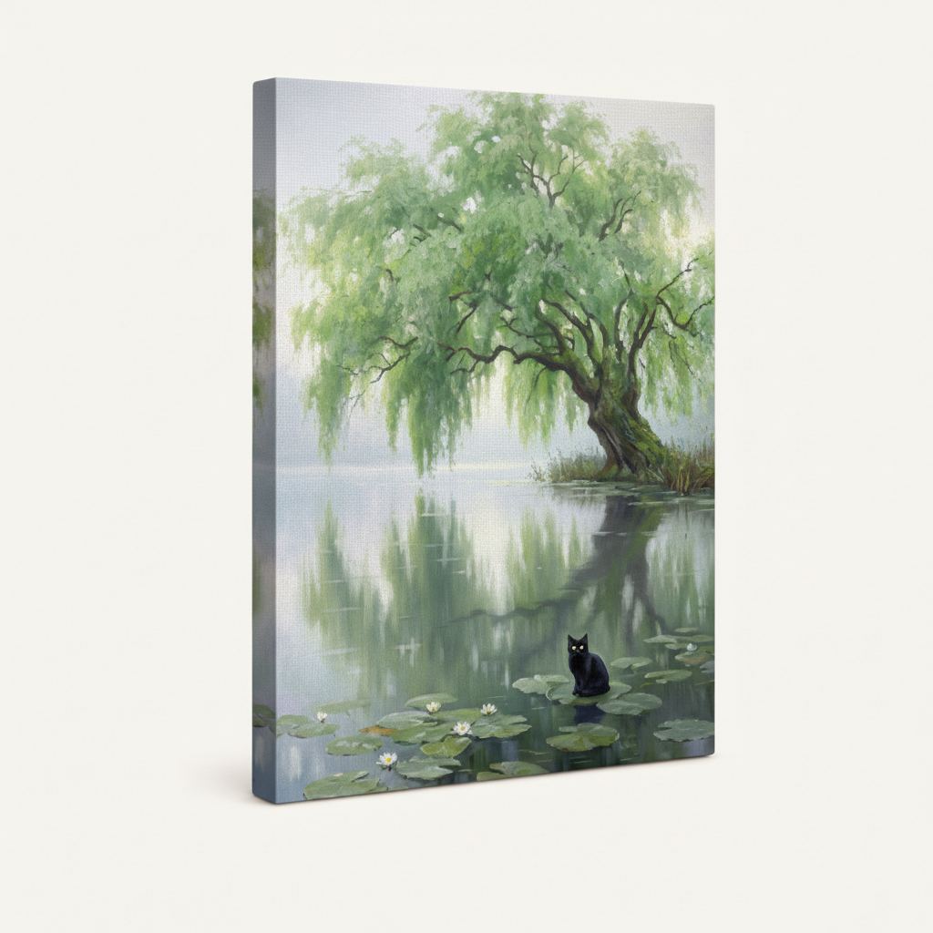 Gallery-wrapped willow pond black cat canvas showing misty lake and lily pads, 3/4 left-tilt angle