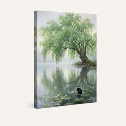 Gallery-wrapped willow pond black cat canvas showing misty lake and lily pads, 3/4 left-tilt angle