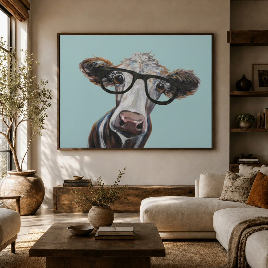 Playful cow portrait canvas with black glasses styled in a cozy living room