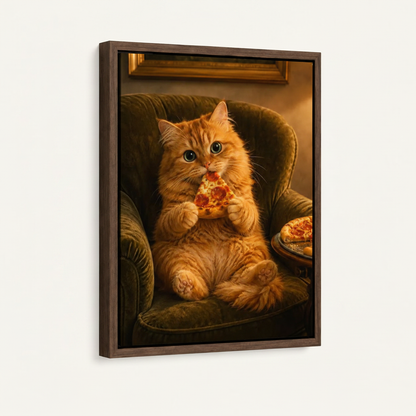 Fat cat pizza velvet armchair cozy realistic canvas in wide dark walnut float frame, 3/4 portrait angle