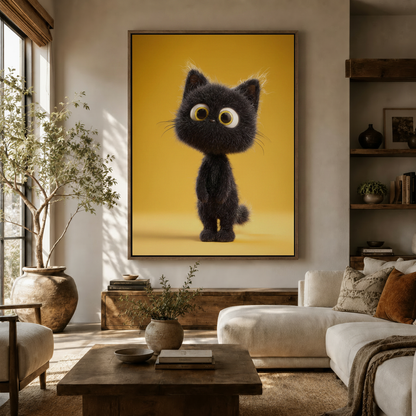 3D cartoon black cat canvas art displayed in a bright farmhouse living room with white sofa and olive tree