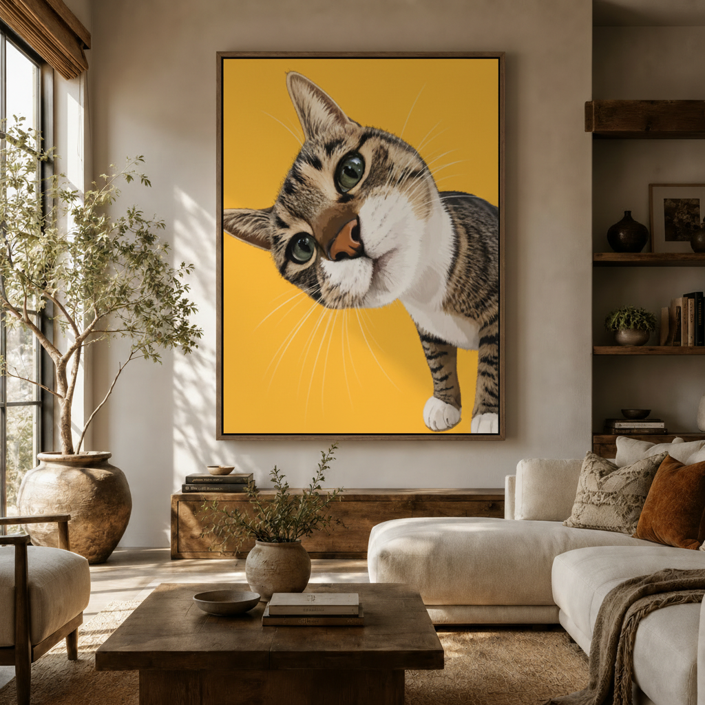 Classical humor cat and dog canvas wall art in float frame above walnut console in bright living room