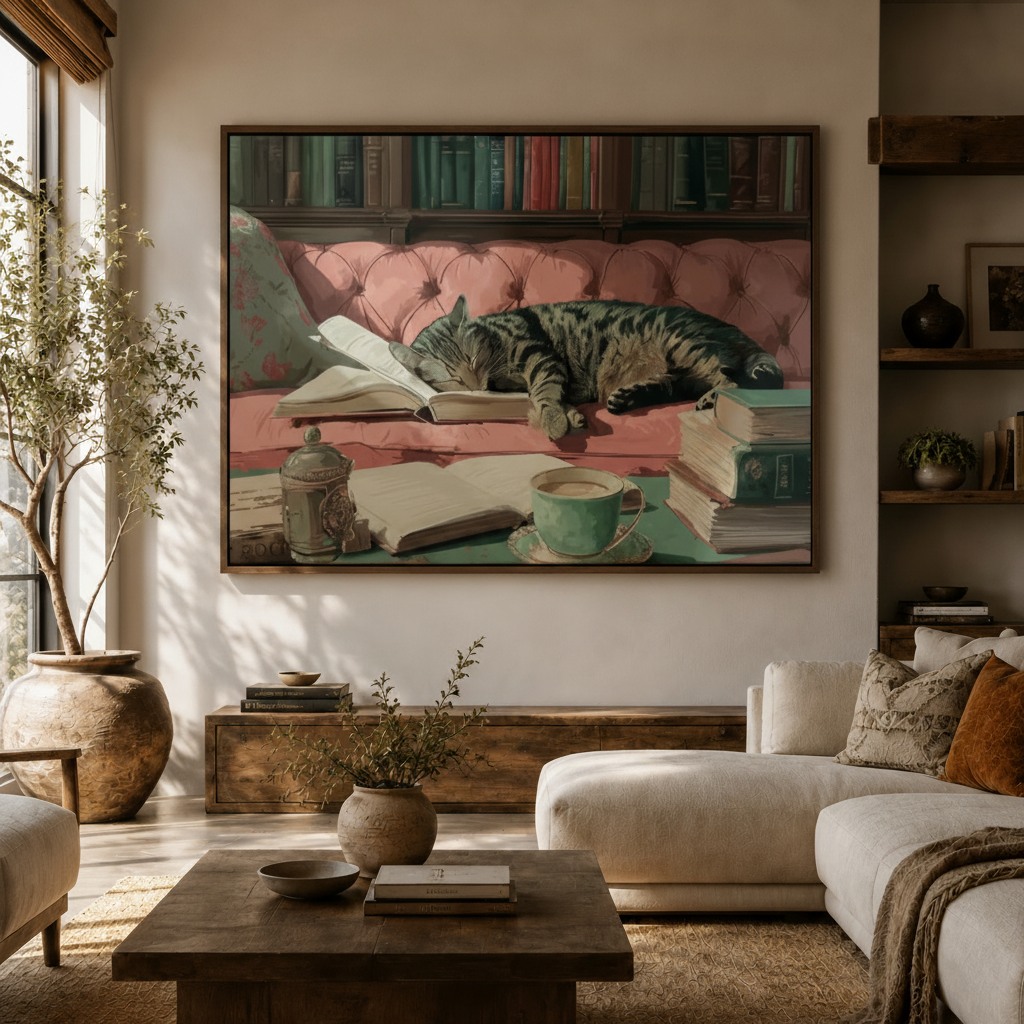 Framed vintage cat reading nook wall art above console in bright neutral living room