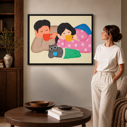 Black-framed illustration of two people with colorful mugs and a bespectacled cat beside a woman.