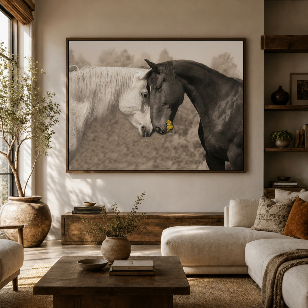 Black and white horses sharing a wildflower canvas hung in a bright modern living room with white sofa