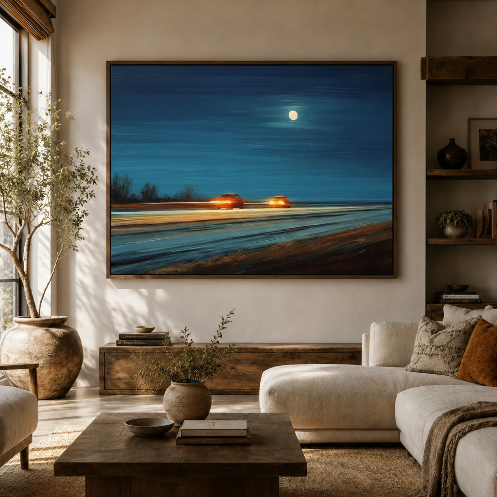 Nocturnal landscape canvas wall art above console in modern warm living room with natural light